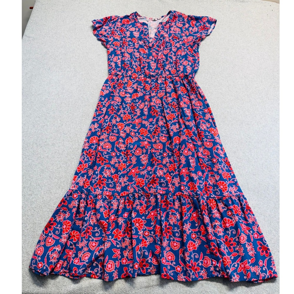 Gap Floral Maxi Dress Womens M Blue Red Flutter Sleeve Tiered Ruffle Boho Flowy